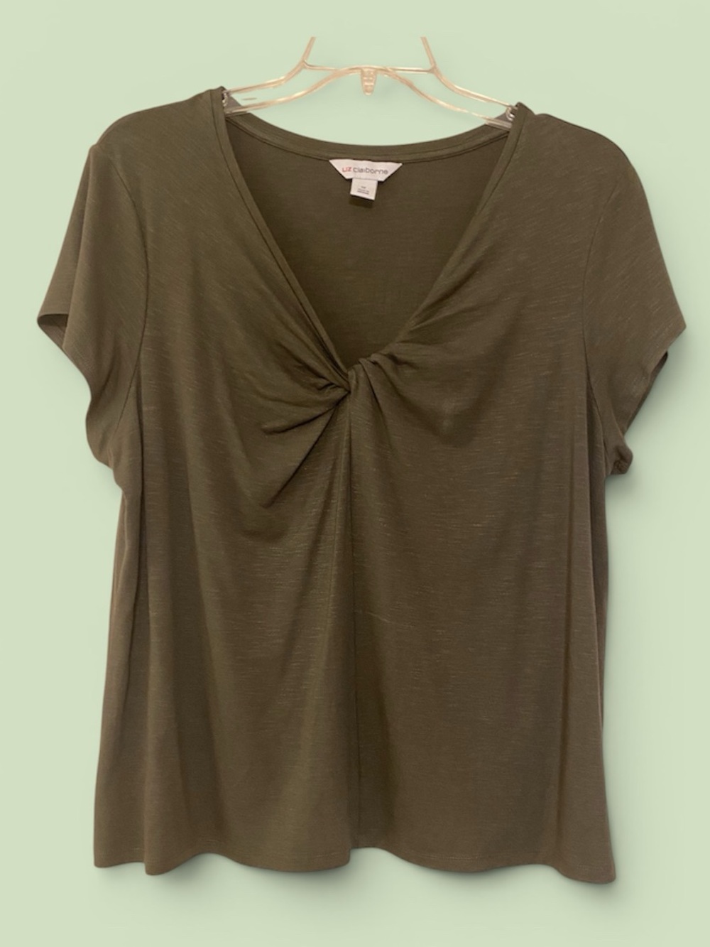 Liz Claiborne Olive Twist-Front Short Sleeve Tee